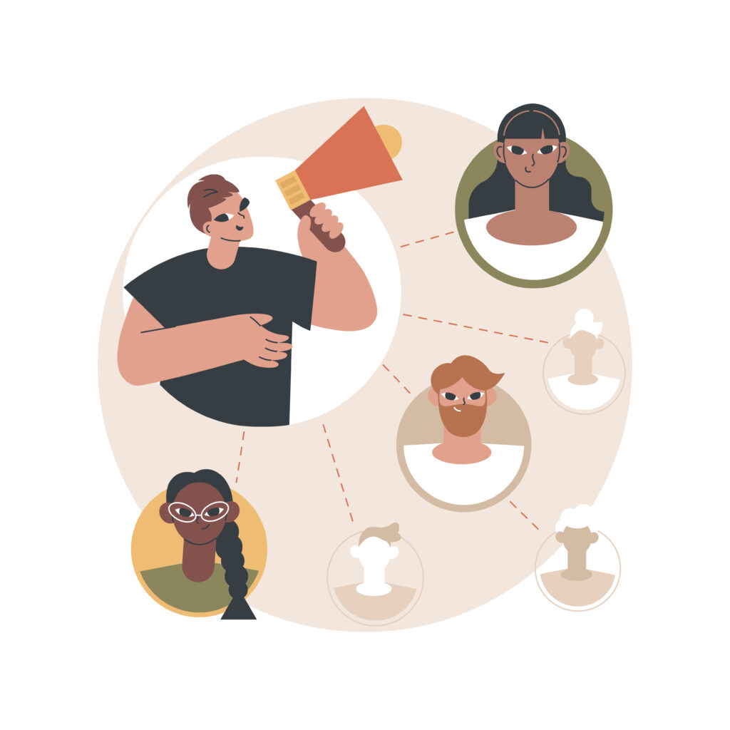 Word of mouth marketing abstract concept vector illustration. Word of mouth advertising, recommendations strategy, social media influencer, referral sales, brand loyalty abstract metaphor.