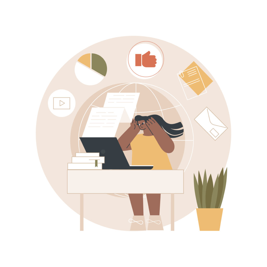 Digital overload abstract concept vector illustration. Overcome overload, employee psychological well being, gadget-dependent life, device affect on human brain, digital burnout abstract metaphor.