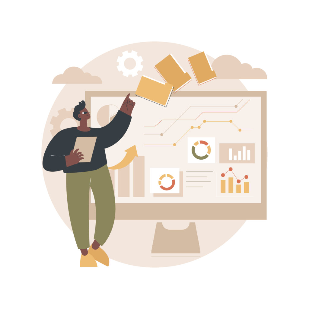 Business intelligence dashboard abstract concept vector illustration. Business analytics tool, information management tool, track KPI metrics, performance data visualization abstract metaphor.